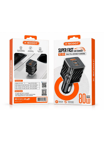 XC-314 80W PD Fast Car Charger with Power 3.0 Quick Charge, 1 USB & 2 Type-C Ports, Super Fast Charging for iPhone, Sams