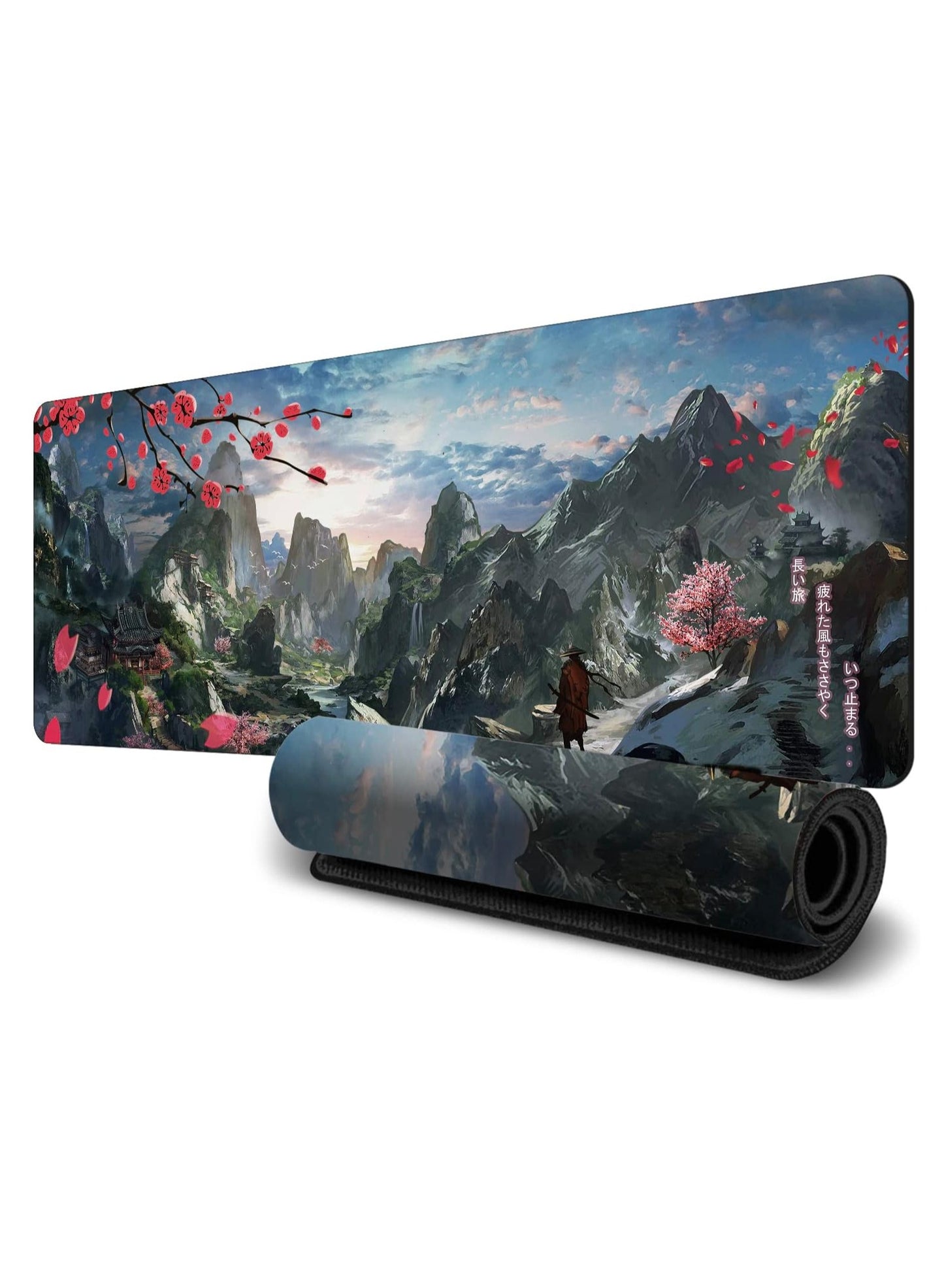 Large Japanese Mouse Pad ( 80x30x2mm ), HD Printing Style Desk Mat, Mouse and Keyboard Pad Extended, Water Proof Fabric Surface Mouse Pads for Desk, Anti-Slip Rubber Base (Hills Mountain Sakura)