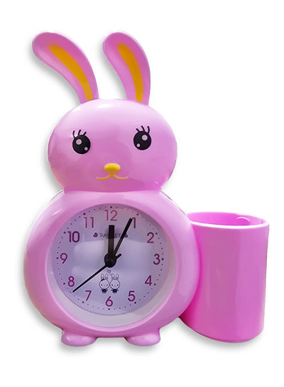 Charming small cartoon alarm clock, suitable for office decor, special gift, bedroom decor, cute rabbit-shaped design with a pen holder, in cheerful white color to suit everyone