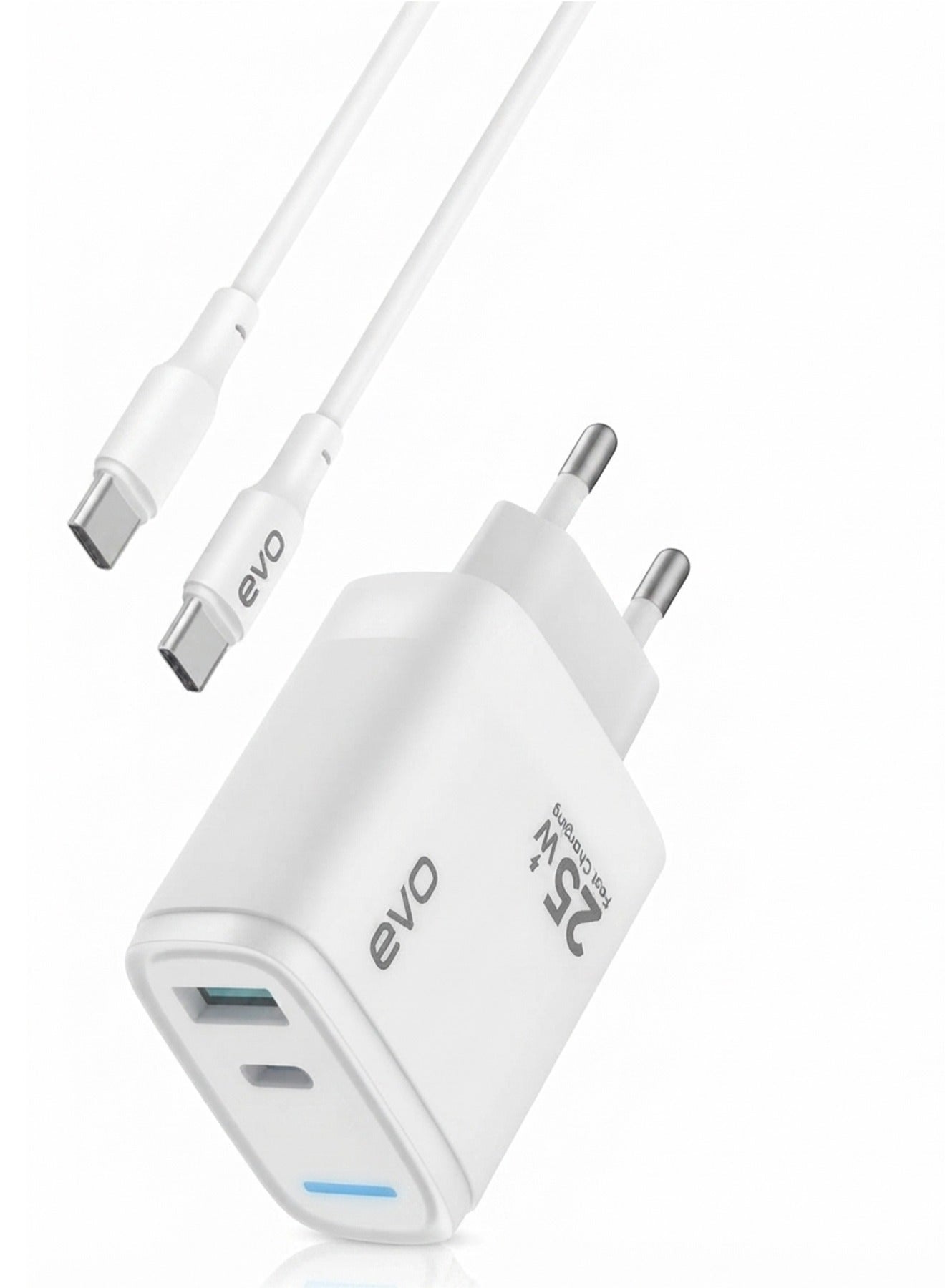 EVO-C03 25W Fast Wall Charger with USB-C Power Delivery and USB Port, Dual Port Quick Charging Adapter, Smart Chip Techn
