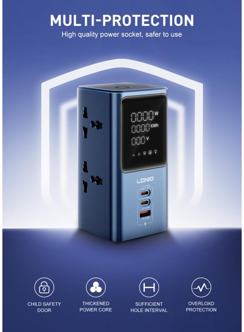 Universal Power Strip with 45W PD Fast Charging, 2 USB-C and USB-A Charging Ports, 2500W Extension Power Socket, Multi P