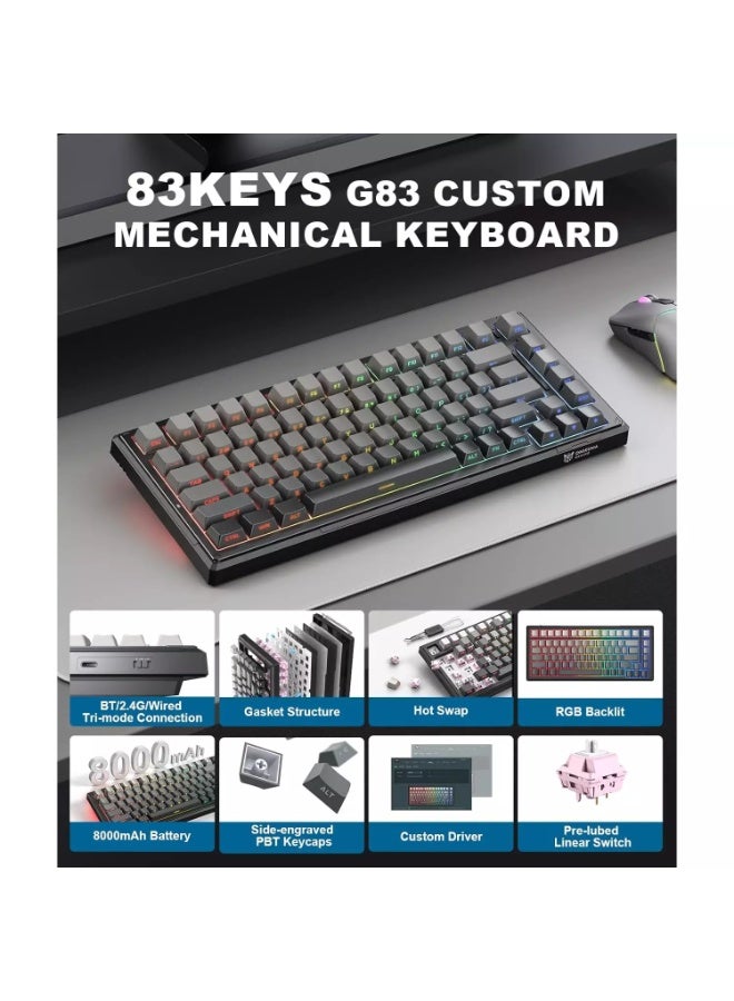 G83 Tri-Mode RGB Mechanical Gaming Keyboard with Bluetooth 5.0, 2.4GHz & Wired USB-C Connectivity, 75% Hot-Swappable Lay