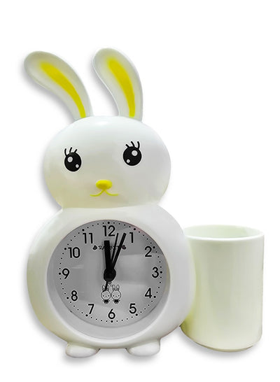 Charming small cartoon alarm clock, suitable for office decor, special gift, bedroom decor, cute rabbit-shaped design with a pen holder, in cheerful white color to suit everyone