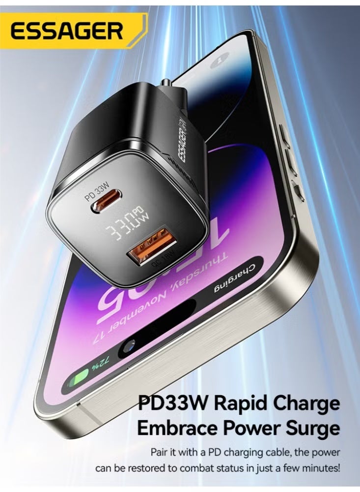 شاحن حائط ESSAGER JT-P18 GaN قوة 33W شاشة LED منفذين أسود