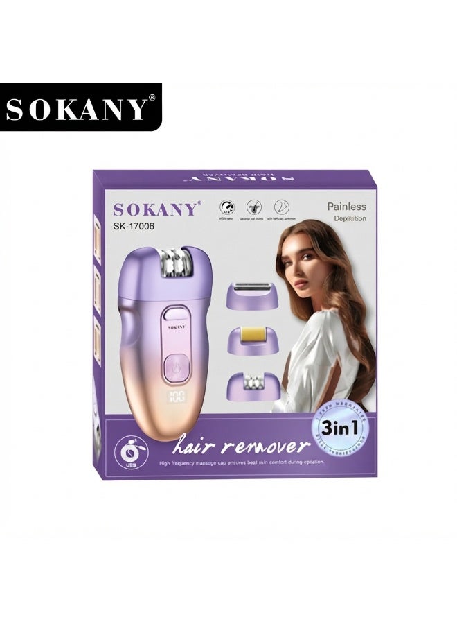 SK-17006 3-in-1 Women’s Epilator, Rechargeable Electric Hair Removal Machine with Shaver & Exfoliation Heads, 2 Speed Se