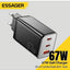 شاحن حائط ESSAGER JT-G67TC2U1 GaN قوة 67W منفذ Type-C PD3.0 أسود
