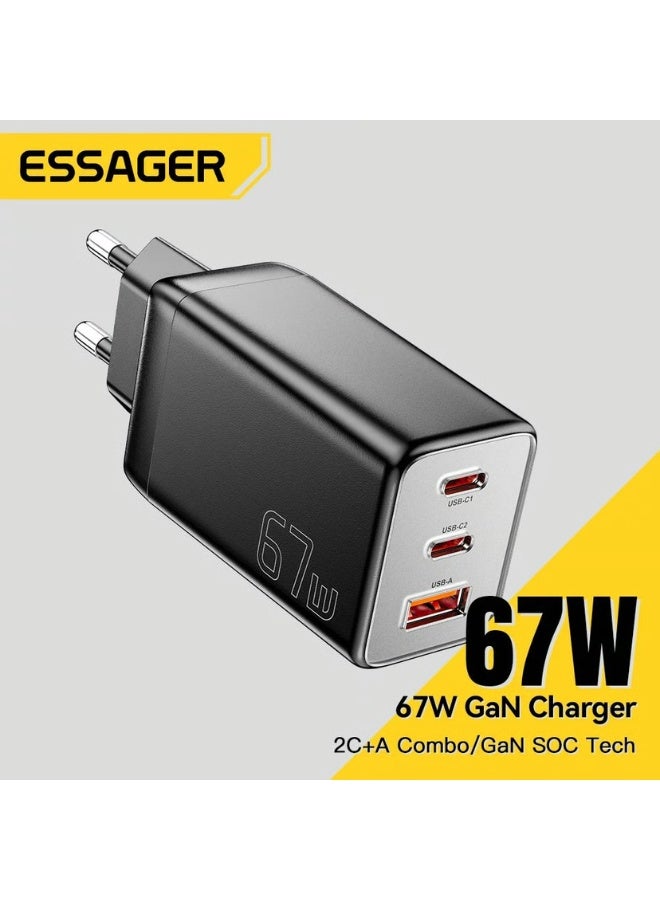 شاحن حائط ESSAGER JT-G67TC2U1 GaN قوة 67W منفذ Type-C PD3.0 أسود