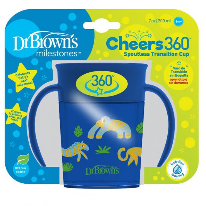 Dr. Brown’s Smooth Wall Cheers 360 Cup With Handles, 7 Oz/200 Ml, Blue Deco (6M+), 1-Pack