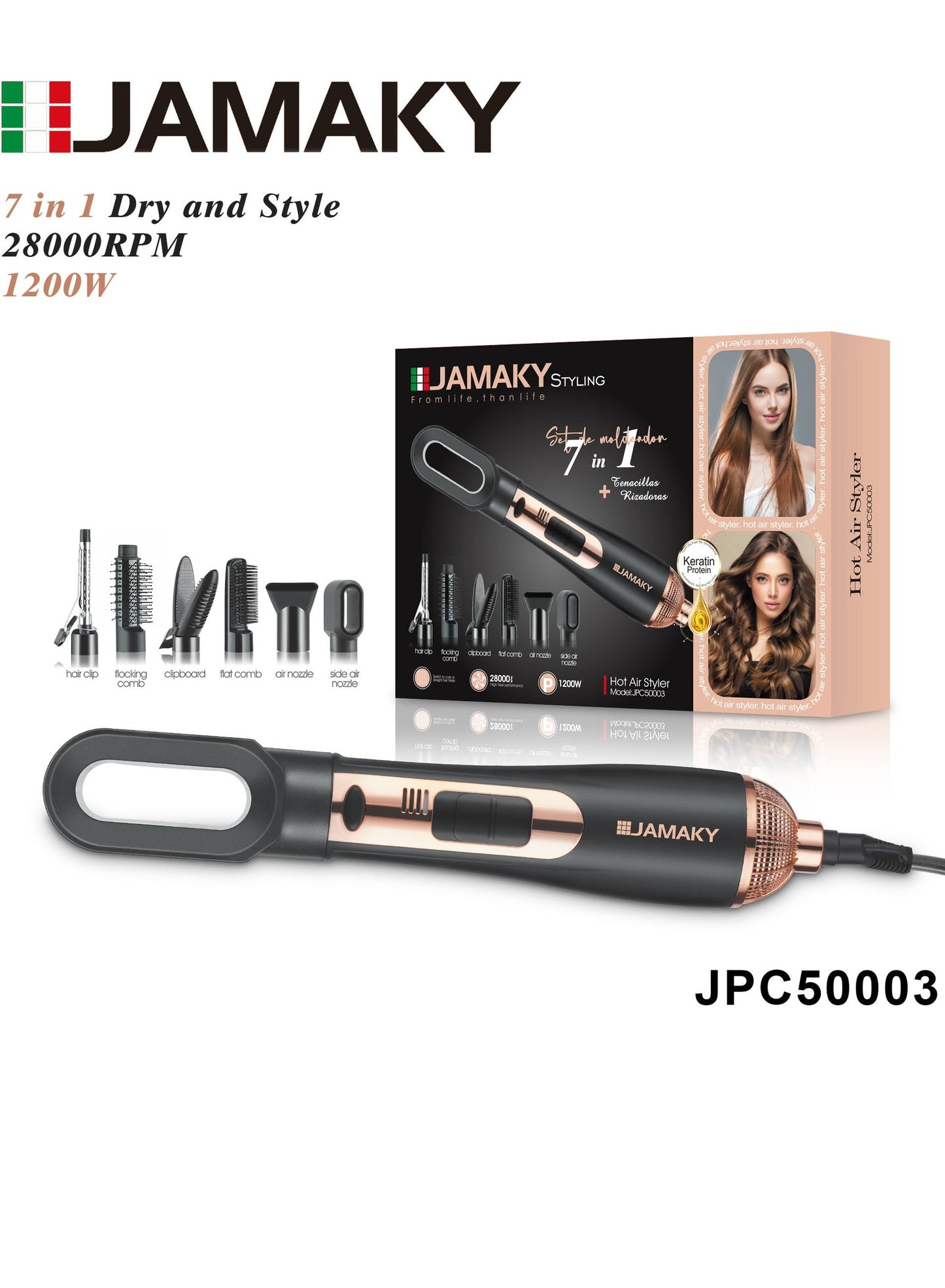 JAMAKY Italy hot air styler , 1200w power of a dryer with Italian technology , JPC50003 volume of a styler with 7 pieces , 3 gear setting / lightweight and easy use