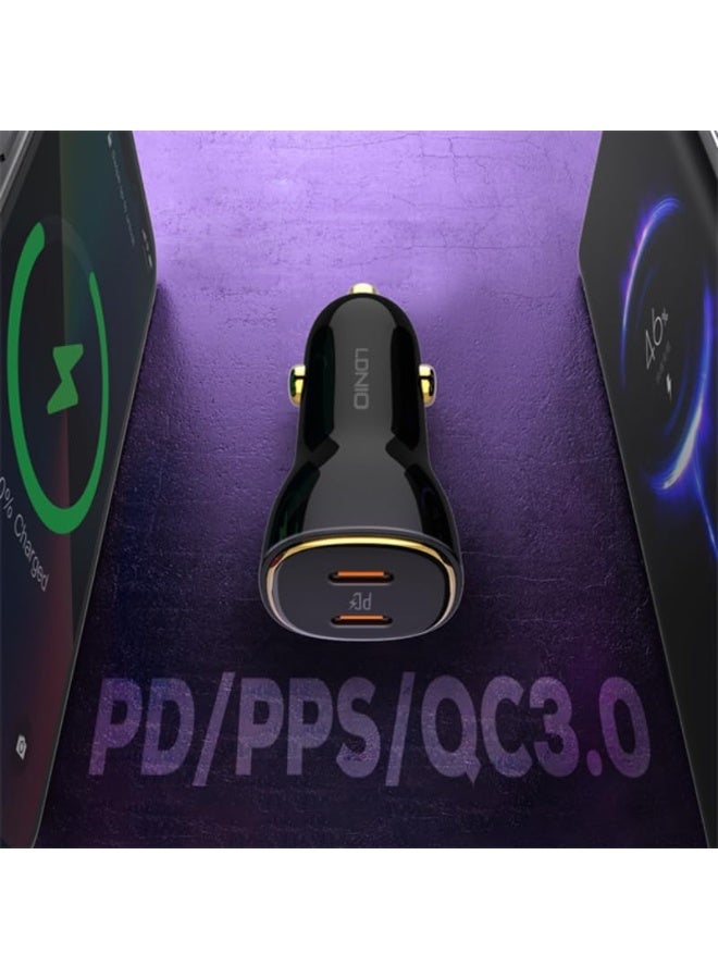 60W Dual Port Super Fast Car Charger with PD 30W USB-C and QC 30W USB-A Fast Charging, USB-C to USB-C Cable Included, Hi