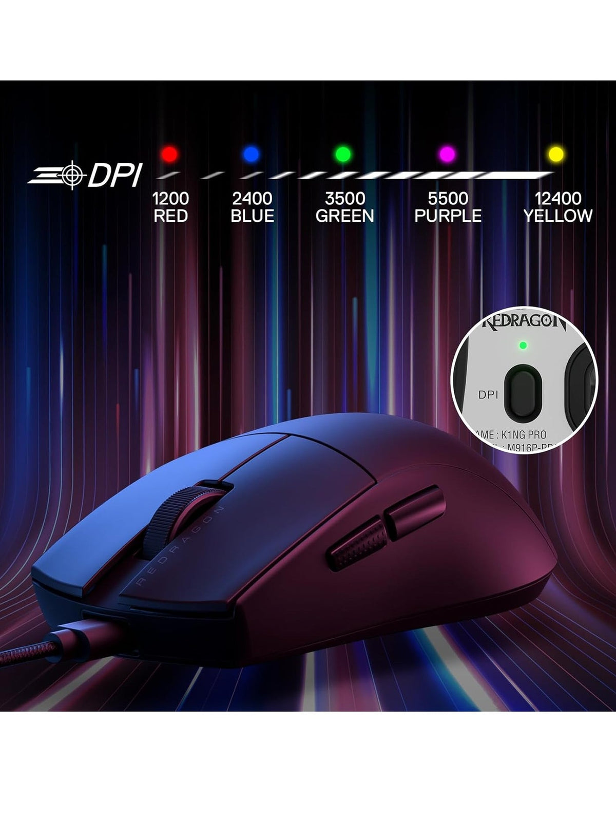 K1NG M724 Wired Gaming Mouse, 42G Ultra-Light 12,400 Max DPI Optical Gaming Mouse with 5 Programmable Buttons, Ergonomic