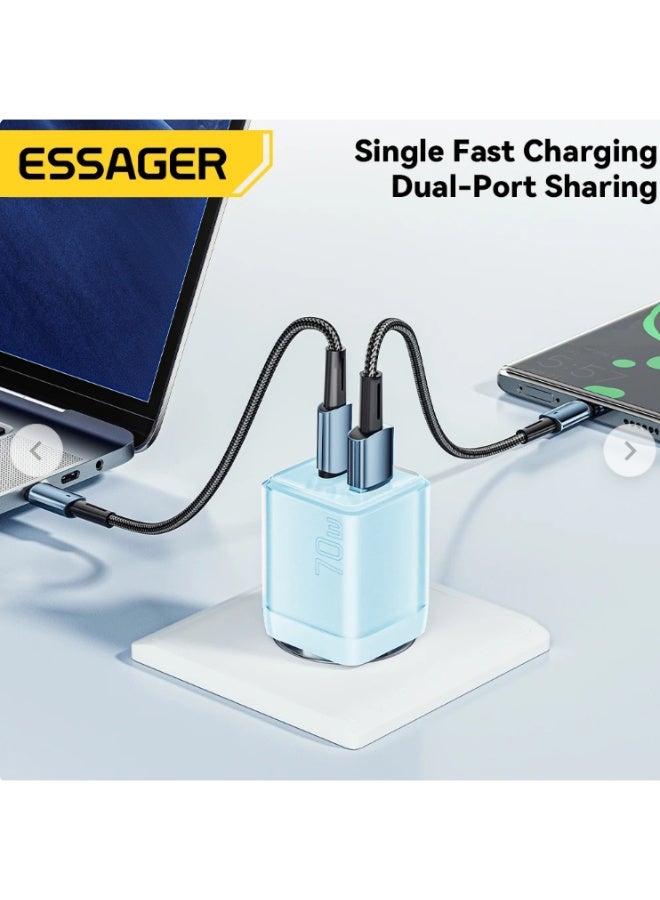شاحن حائط ESSAGER ES-CD42 GaN قوة 70W منفذين PD وQC4.0 أزرق