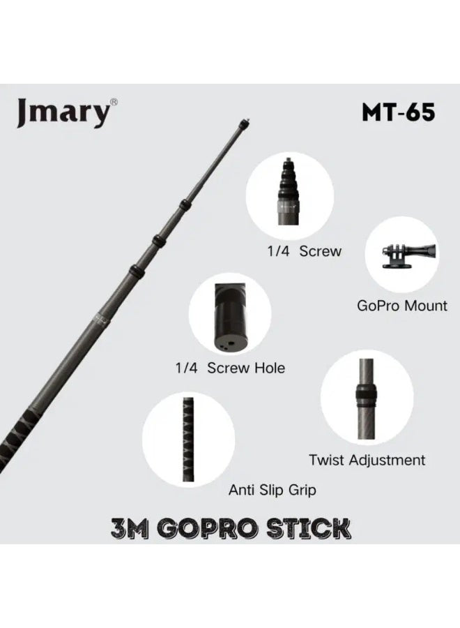 Professional Selfie Stick MT-65 , 3M Extendable and Foldable Carbon Fiber Stick with 360° Rotating Head, Non Slip Grip, 