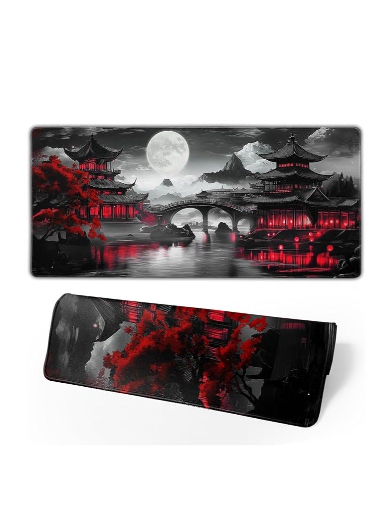 aportt Japanese Mouse Pad Riverside Full Moon Extended Desk Mat Black Red Large XL Mousepad Non-Slip Rubber Base Stitche