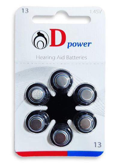 D Power Hearing Aid Batteries D Power , Size 13 - 1.45volt - 6 Pack