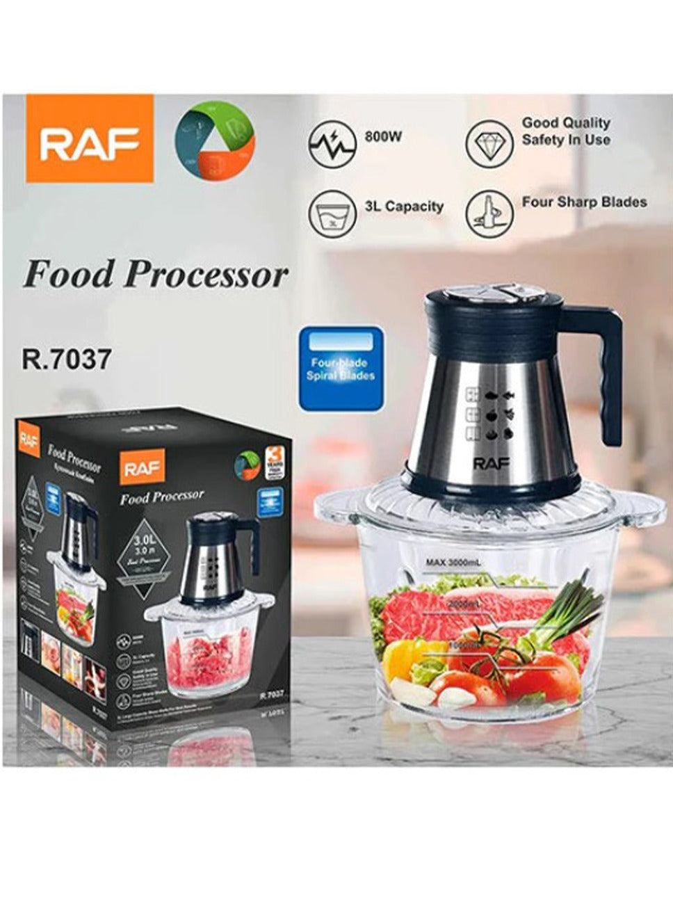 RAF Powerful vegetable and meat grinder, contains a grinder, a quad blade, and a 3.0 liter glass bowl with a capacity of 800 watts, model R.7037