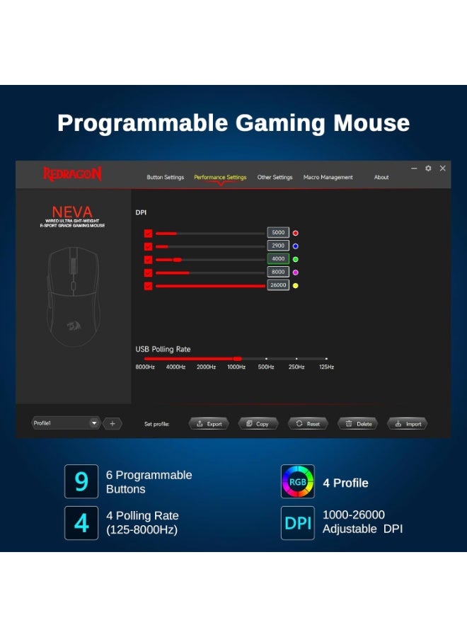 ماوس جيمنج Redragon M815 خفيف 44g بدقة 26000 DPI أسود