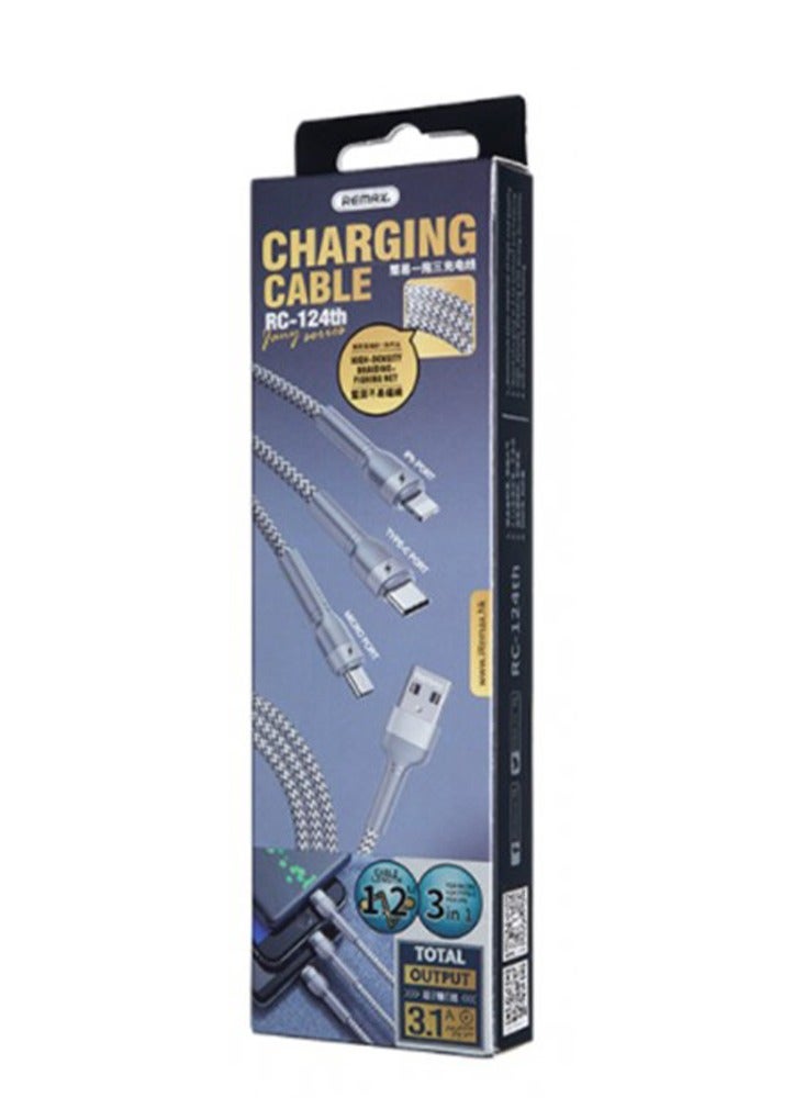 rc-124th 3 in 1 charging cable for micro, type c and micro with 3.1a and 1.2 m length set of 2 pieces - silver