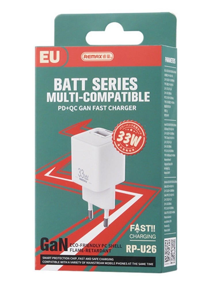 Fast Charger RP-U26 33W USB+USB-C / Type-C GaN Fast Charging Charger, Specification EU Plug(White)