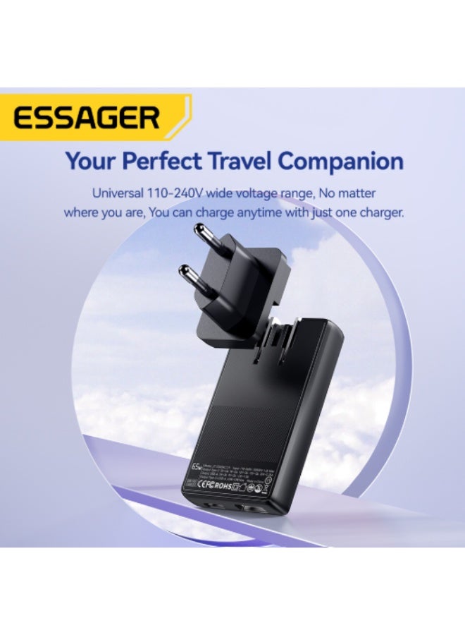 شاحن حائط ESSAGER JT-CG65AC1U1 GaN قوة 65W منفذين PD رفيع أسود