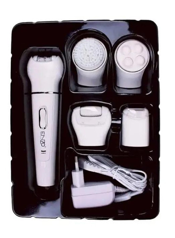 ENZO 5 in 1 painless hair removal device with a massager to relieve pain after hair removal. An easy and practical women's shaving machine that also contains a cleaning brush and a callus remover for soft and supple skin, model EN-0104.