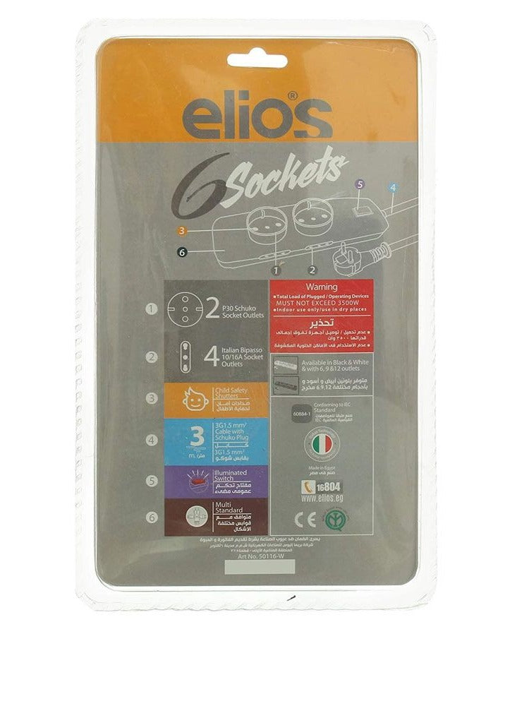 Elios Shared Wire With 6 Outlets - 16 Amps 3500W - 3M White