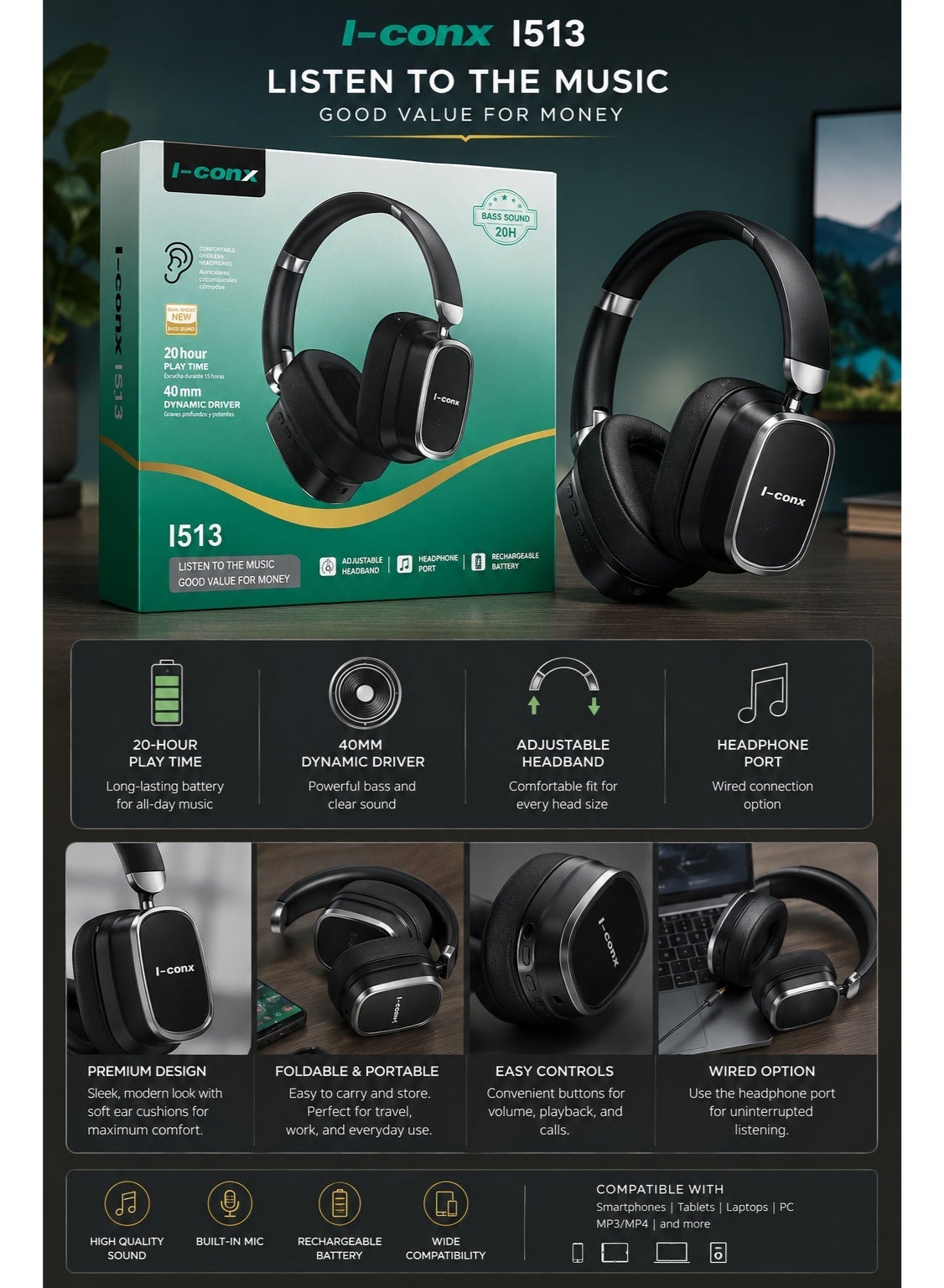 I513 Wireless Bluetooth Headphones – 40mm Drivers, Deep Stereo Bass, Noise-Reducing Mic, Bluetooth, TF Card, Type-C Char