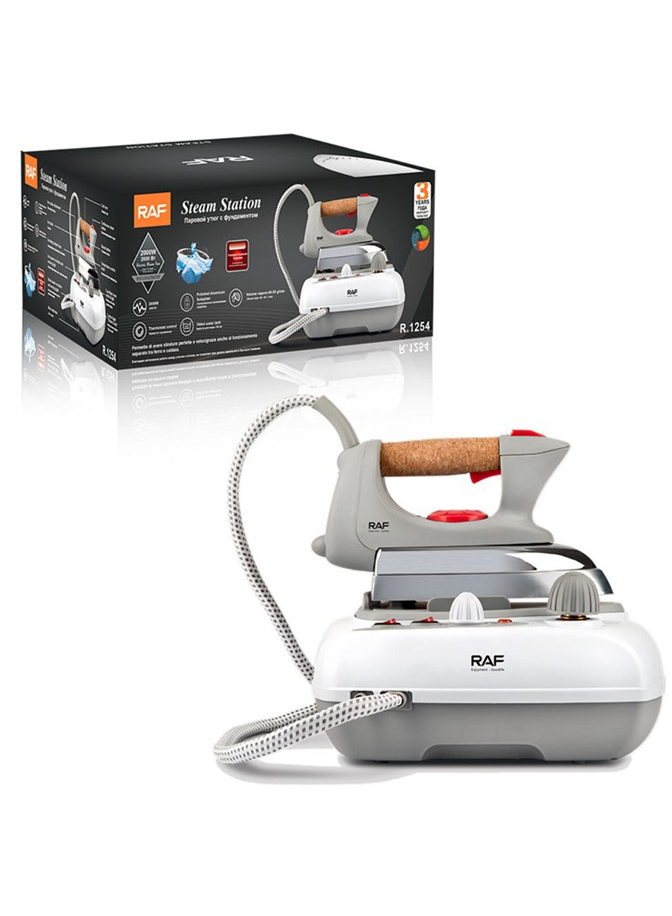 RAF Steam iron with a separate boiler base, to control the iron temperature, with a power of 2000 watts, and to facilitate ironing clothes, capacity of 700 ml, model R.1254, white