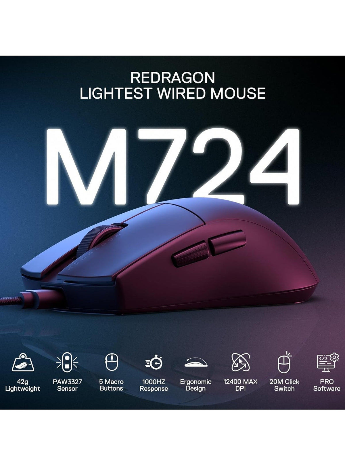 K1NG M724 Wired Gaming Mouse, 42G Ultra-Light 12,400 Max DPI Optical Gaming Mouse with 5 Programmable Buttons, Ergonomic