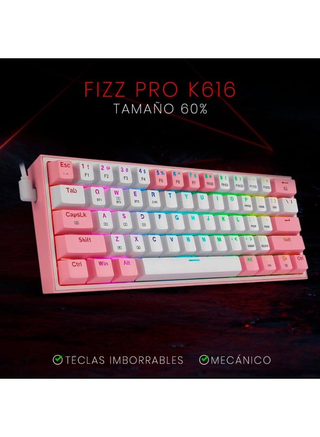كيبورد جيمنج Redragon K616 Fizz Pro ميكانيكال 60% أبيض ووردي
