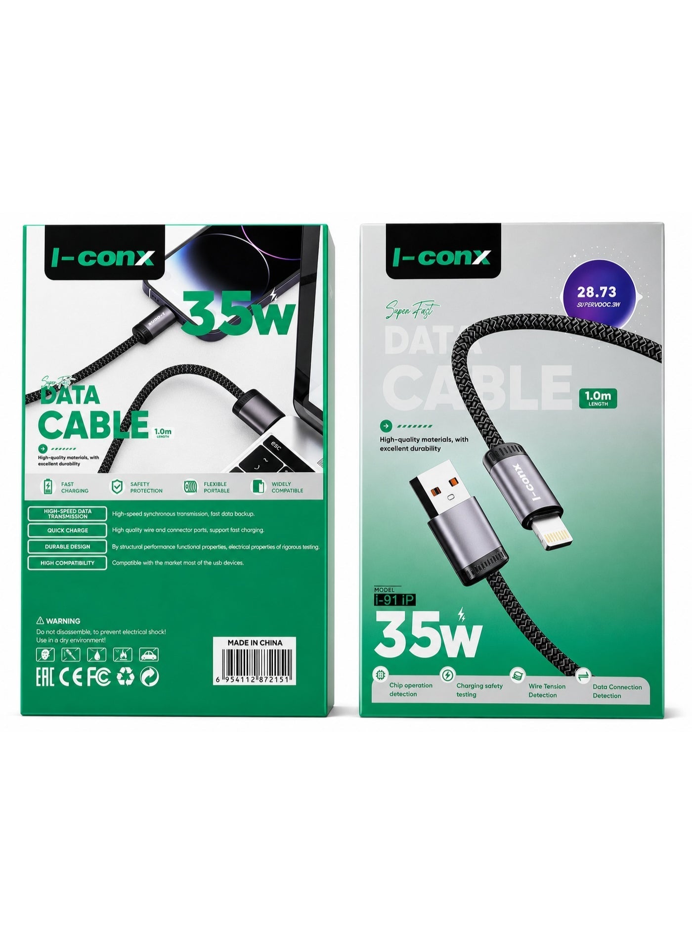 كابل شحن I-conx i91iP قوة 35W طول 1m منفذ Lightning أسود