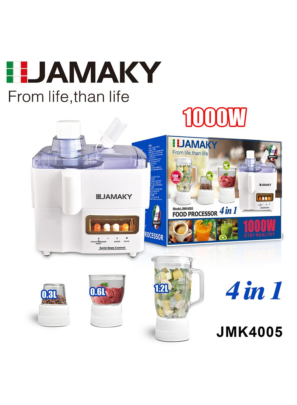 JAMAKY Italy Food Processor 4-in-1 , 1000W - With 3 Accessories JMK4005