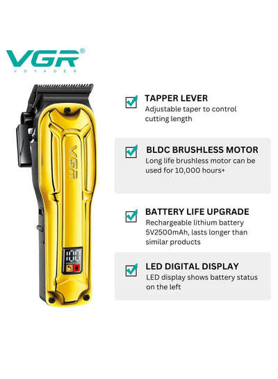 VGR V-138 Premium Metal Housing Hair Clipper 10000H+ Brushless motor (BLDC) Digital Display DLC coating Blade 2500 mAh battery USB charging 4 adjustable Taper Lever 4 Guide comb Runtime 180 min Gold