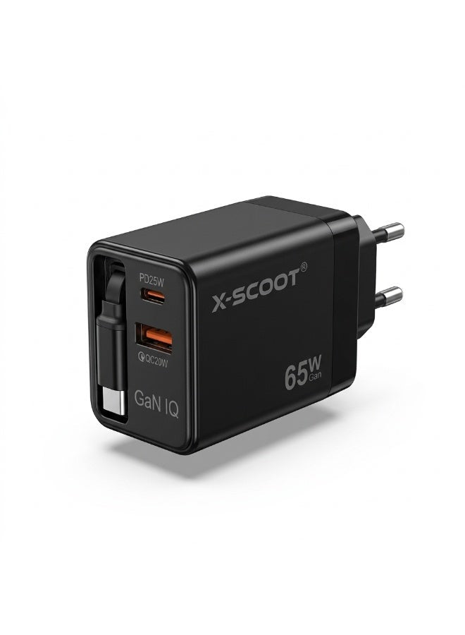 65W GaN Fast Charger with Built-in Retractable Cable, Multi-Port USB-C PD & USB-A QC Charging Adapter, High-Speed Power 