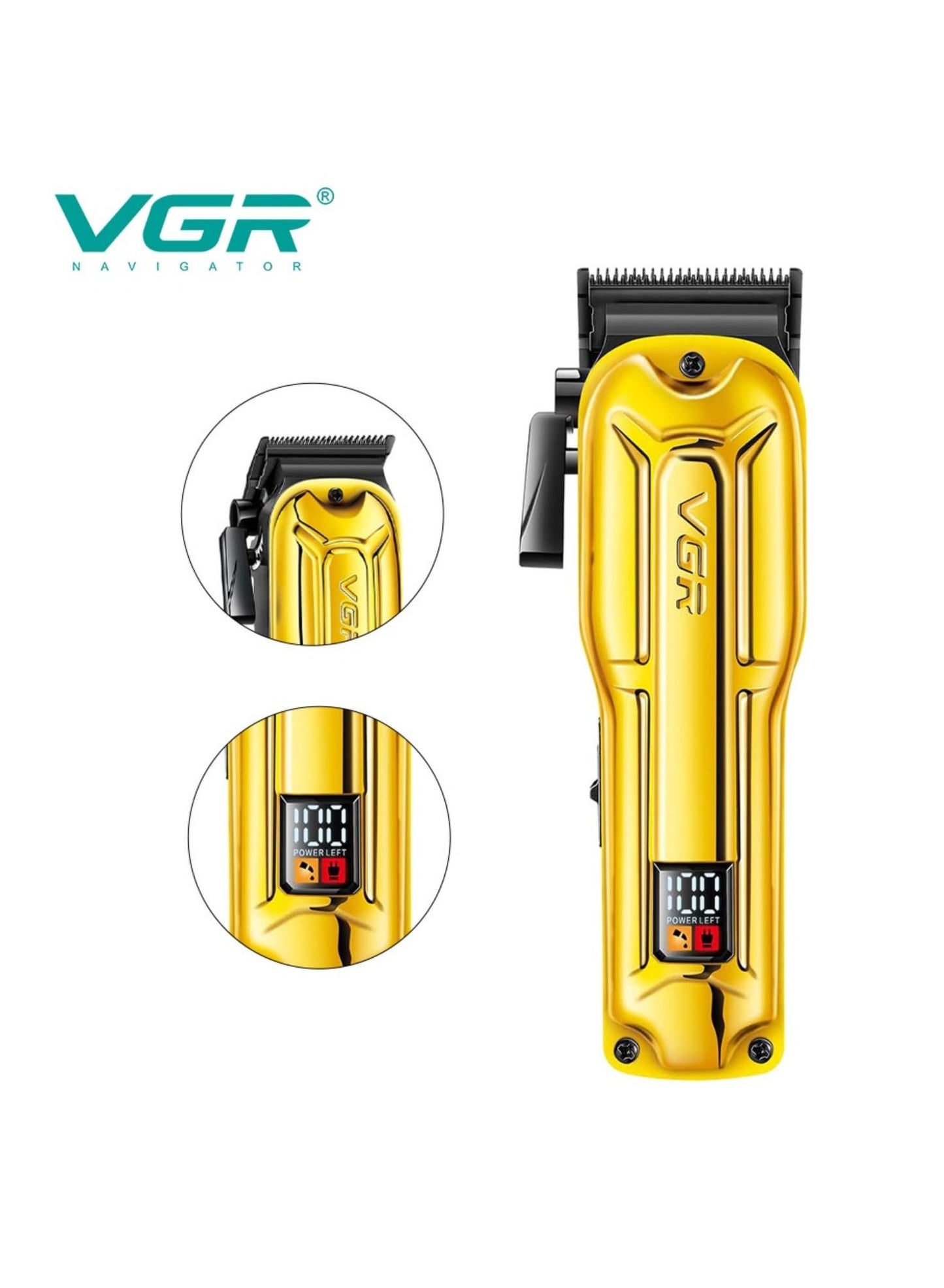 VGR V-138 Premium Metal Housing Hair Clipper 10000H+ Brushless motor (BLDC) Digital Display DLC coating Blade 2500 mAh battery USB charging 4 adjustable Taper Lever 4 Guide comb Runtime 180 min Gold