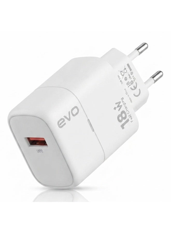 EVO-C13 18W Fast Wall Charger with USB-A Quick Charging Port, Single USB Power Adapter, Smart Chip Technology Charging B