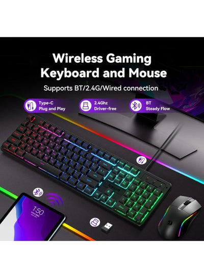 S107KS Wireless Gaming Keyboard and Mouse, RGB Backlit, 3 Mode (Wired/2.4G/BT), Up to 10,000 DPI Gaming Mouse with Softw