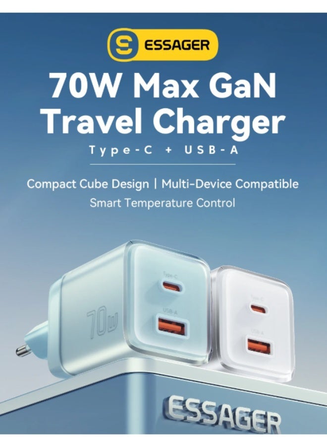 شاحن حائط ESSAGER ES-CD42 GaN قوة 70W منفذين PD وQC4.0 أزرق