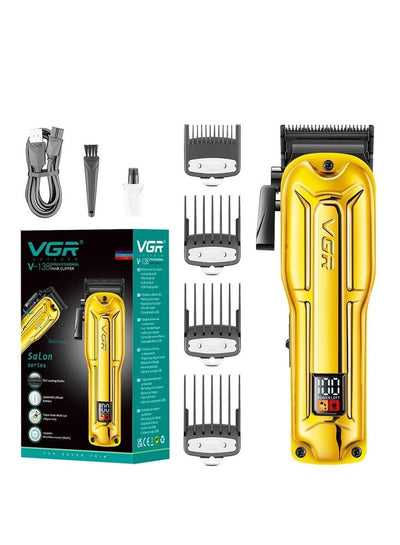 VGR V-138 Premium Metal Housing Hair Clipper 10000H+ Brushless motor (BLDC) Digital Display DLC coating Blade 2500 mAh battery USB charging 4 adjustable Taper Lever 4 Guide comb Runtime 180 min Gold