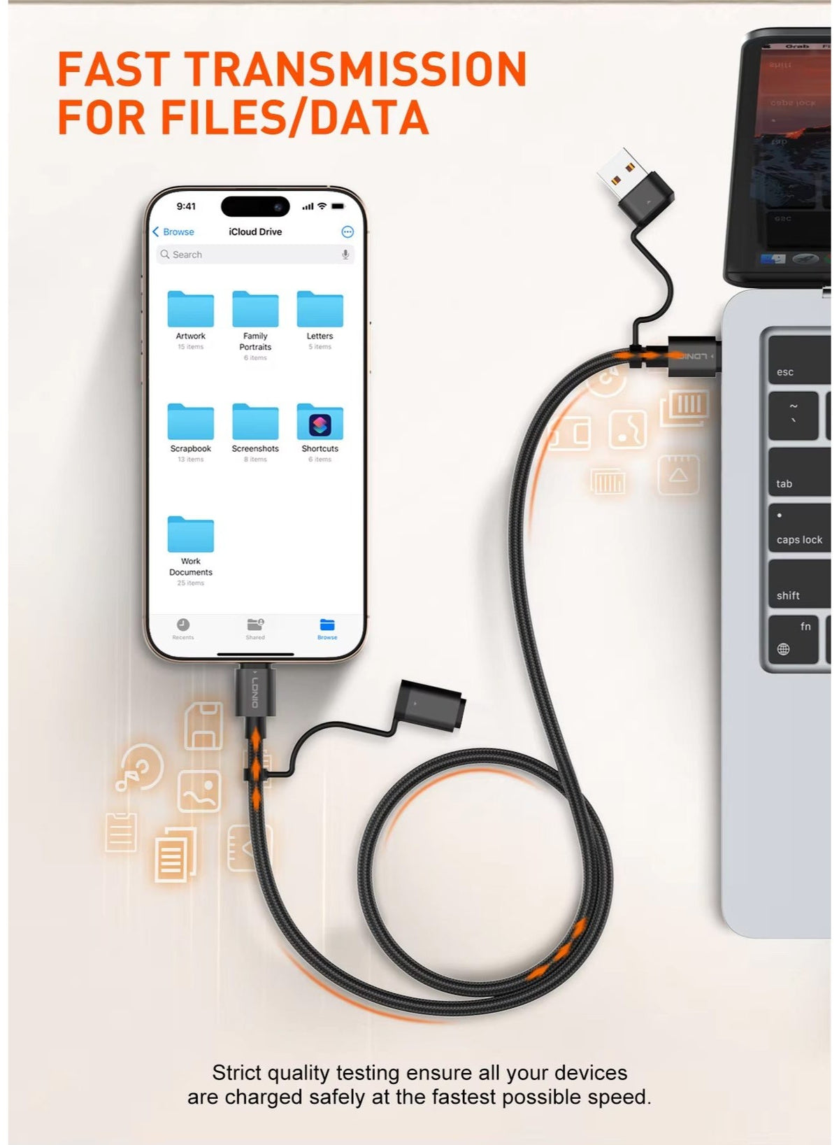 65W 4-In-1 Fast Charging Data Cable With USB-A And USB-C Inputs Lightning And USB-C Outputs High-Speed Data Transfer Bra