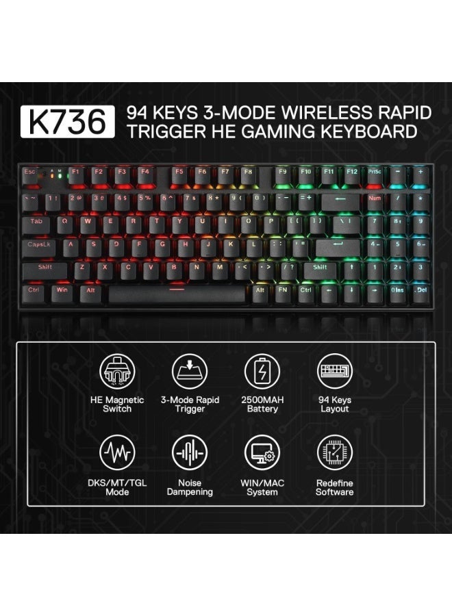 90% Wireless Rapid Trigger Magnetic Gaming Keyboard With 94 Keys Hall Effect Switches 8K Hyper-Polling Adjustable Actuat