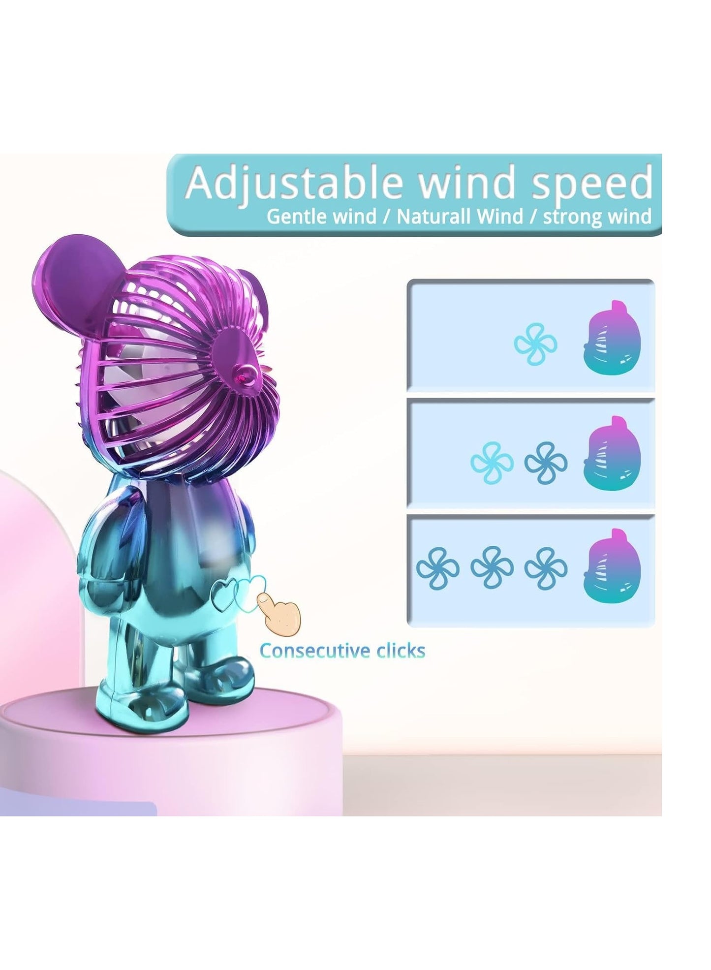 Colorful Bear Design USB Mini Portable Handheld Fan Quiet 3 Gear