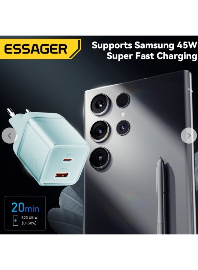شاحن حائط ESSAGER ES-CD42 GaN قوة 70W منفذين PD وQC4.0 أزرق