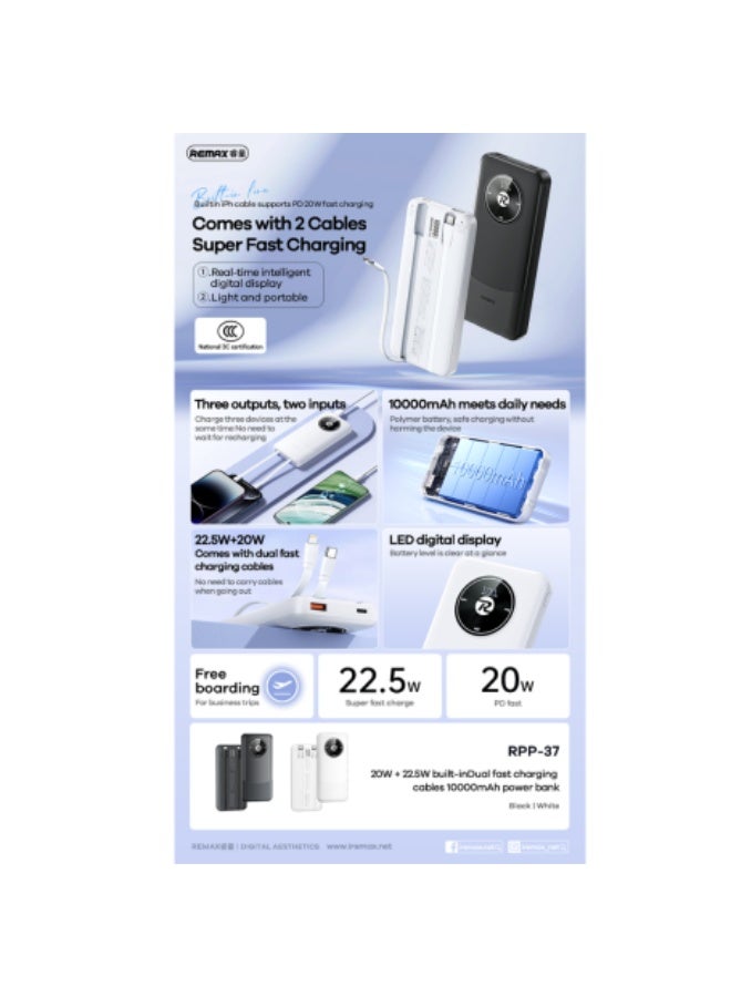 RPP-37 10000mAh Power Bank 20W + 22.5W with Dual Built-in Fast Charging Cables (Type-C & Lightning), Bi-Directional PD3.