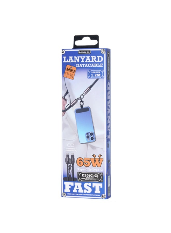 Fast Charging Cable C20 , Zinc Alloy Type-C to Type-C 65W  Cable , 1.2m Braided Durable Design with Hanging Lanyard, Str