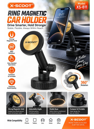 XS-811 Magnetic Car Phone Holder, 360° Rotating Adjustable & Extendable Smartphone Mount, One-Hand Operation, Center Con