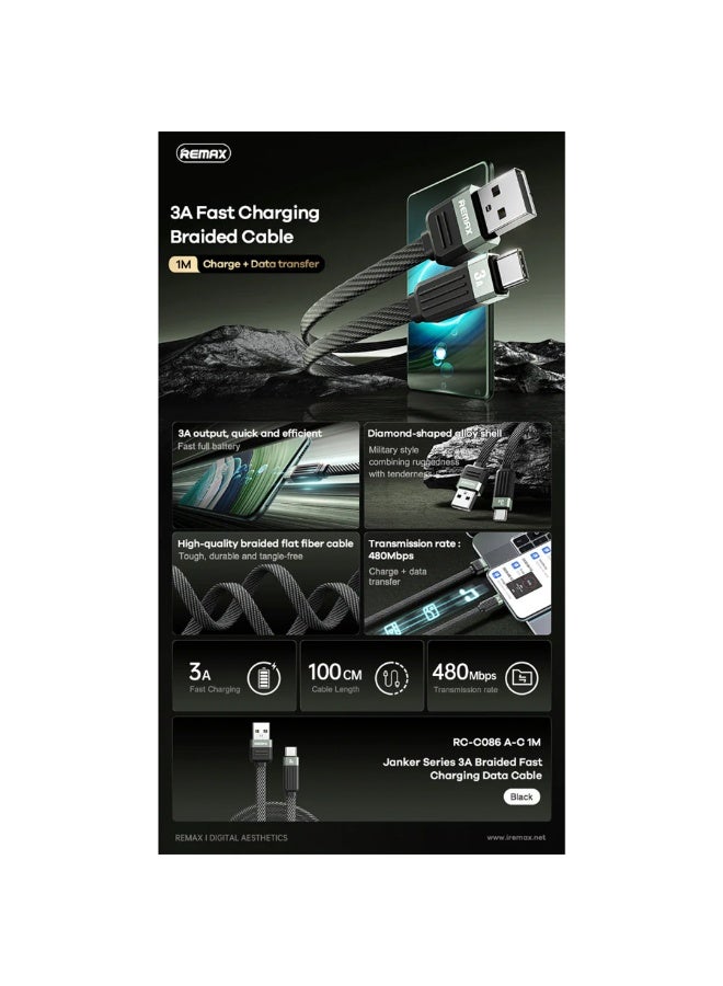 High Speed Charging Cable RC-C086, 3A Fast USB to Type-C Cable , 1M Durable Braided Design with Aluminum Alloy Connector