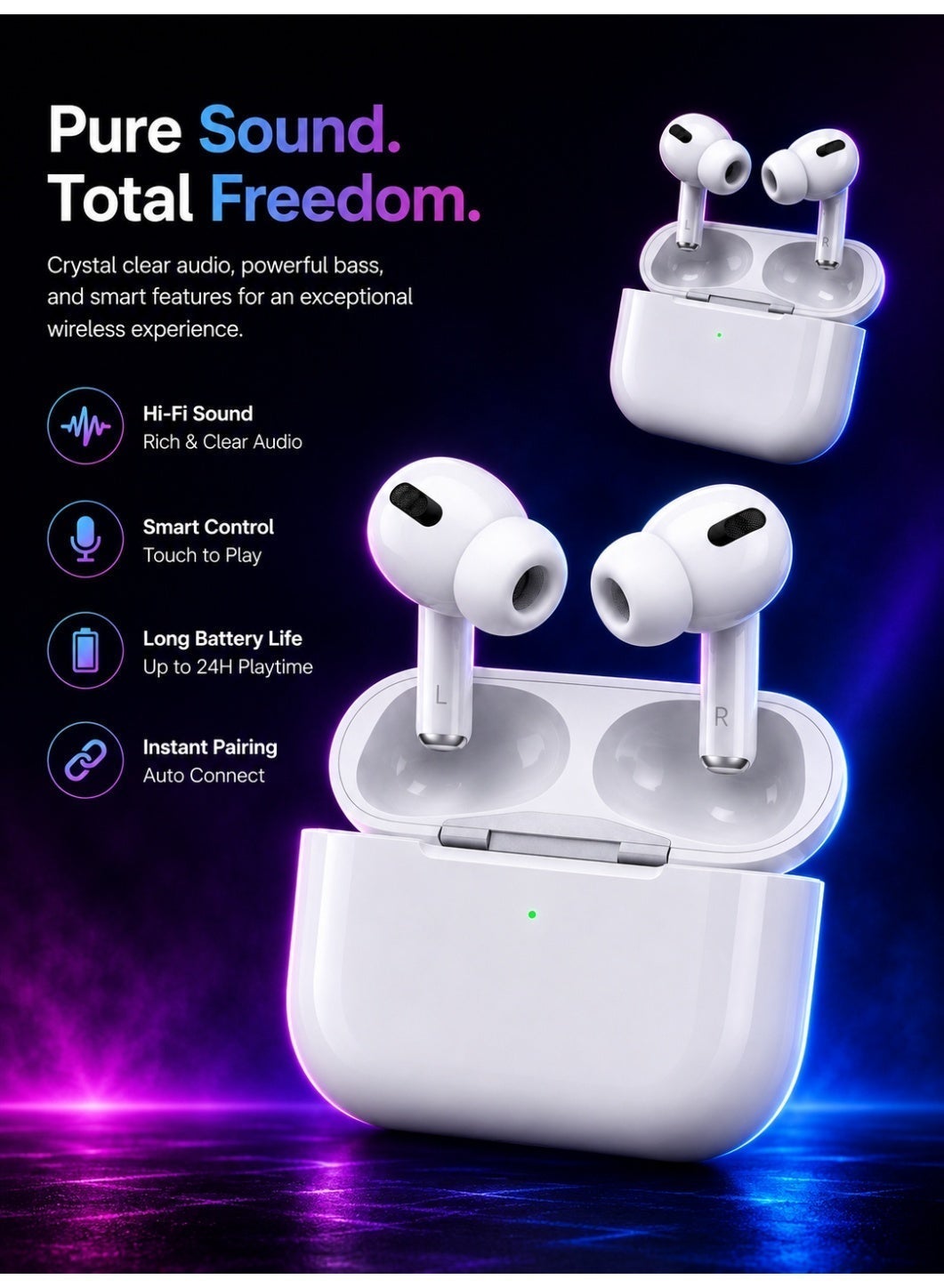 K-24 Pro Wireless Bluetooth Earbuds – Bluetooth 5.0, Intelligent Noise Reduction, Siri Support, Type-C Charging Case, Up