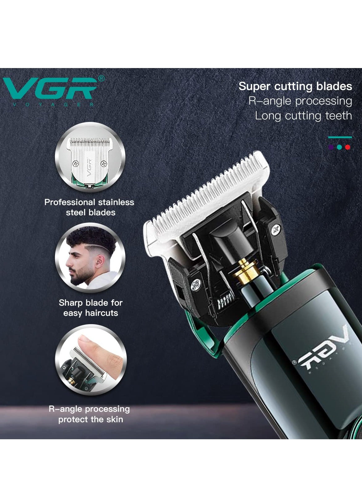 VGR V-671 Salon Series Professional Digital Display Cordless Hair Clipper with Dual motor Beard Trimmer for Men Rechargeable Li-ion Battery 2500mAh 400 minutes Runtime USB Powered Charging Pod & Stand