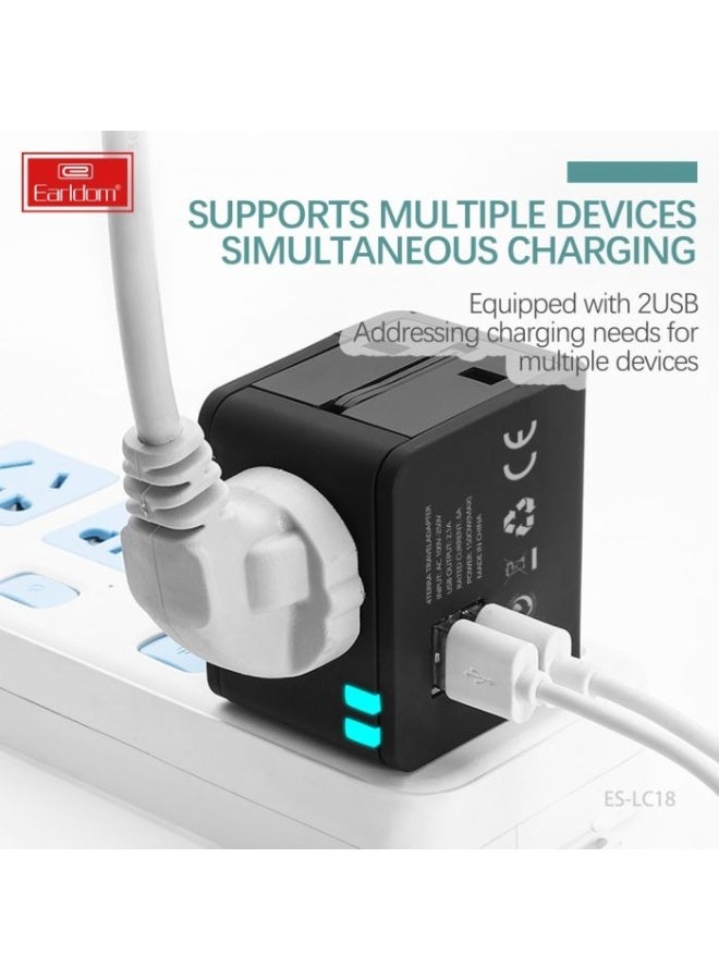 شاحن حائط Earldom ES-LC18 قوة 1500W مخرجين USB-A أسود